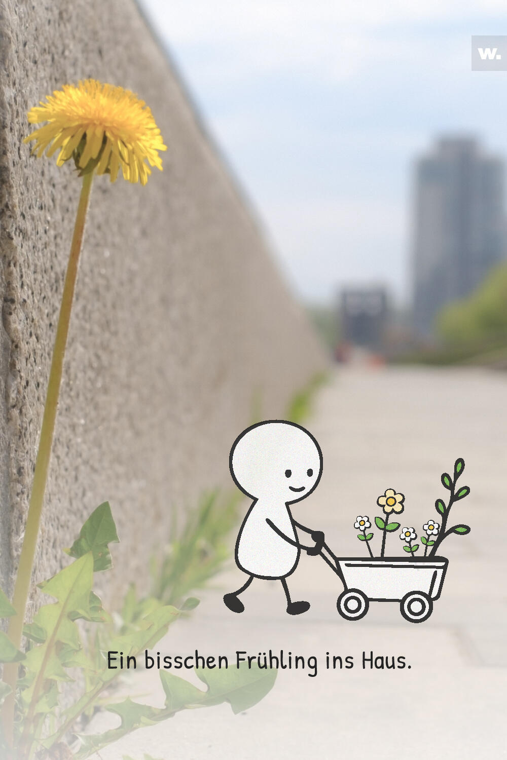Schlichte Figur schiebt einen kleinen Blumenwagen vor einem Foto mit Löwenzahn an einer Mauer und unscharfer Stadt im Hintergrund.