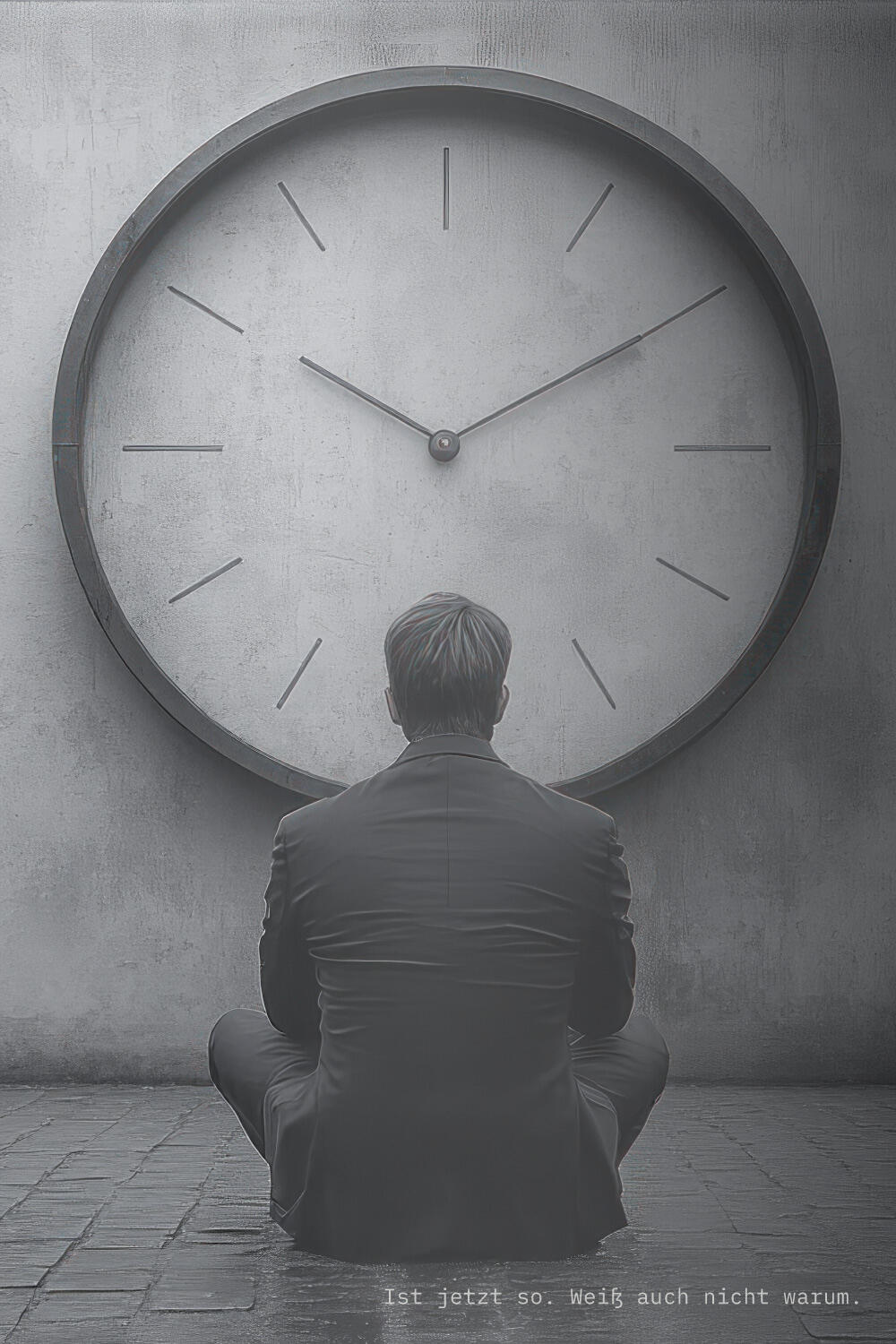 Schwarz-weiß-Foto eines Mannes, der vor einer übergroßen Uhr mit der Uhrzeit 10 Uhr 10 Minuten sitzt. Von hinten aufgenommen in ruhiger Straßenszene. Unten steht klein „Ist jetzt so. Weiß auch nicht warum.“